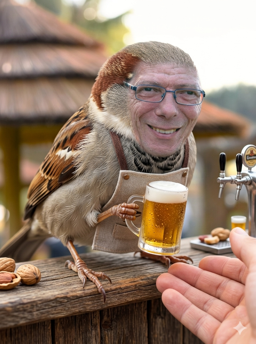 A sparrow with a human face serving beer